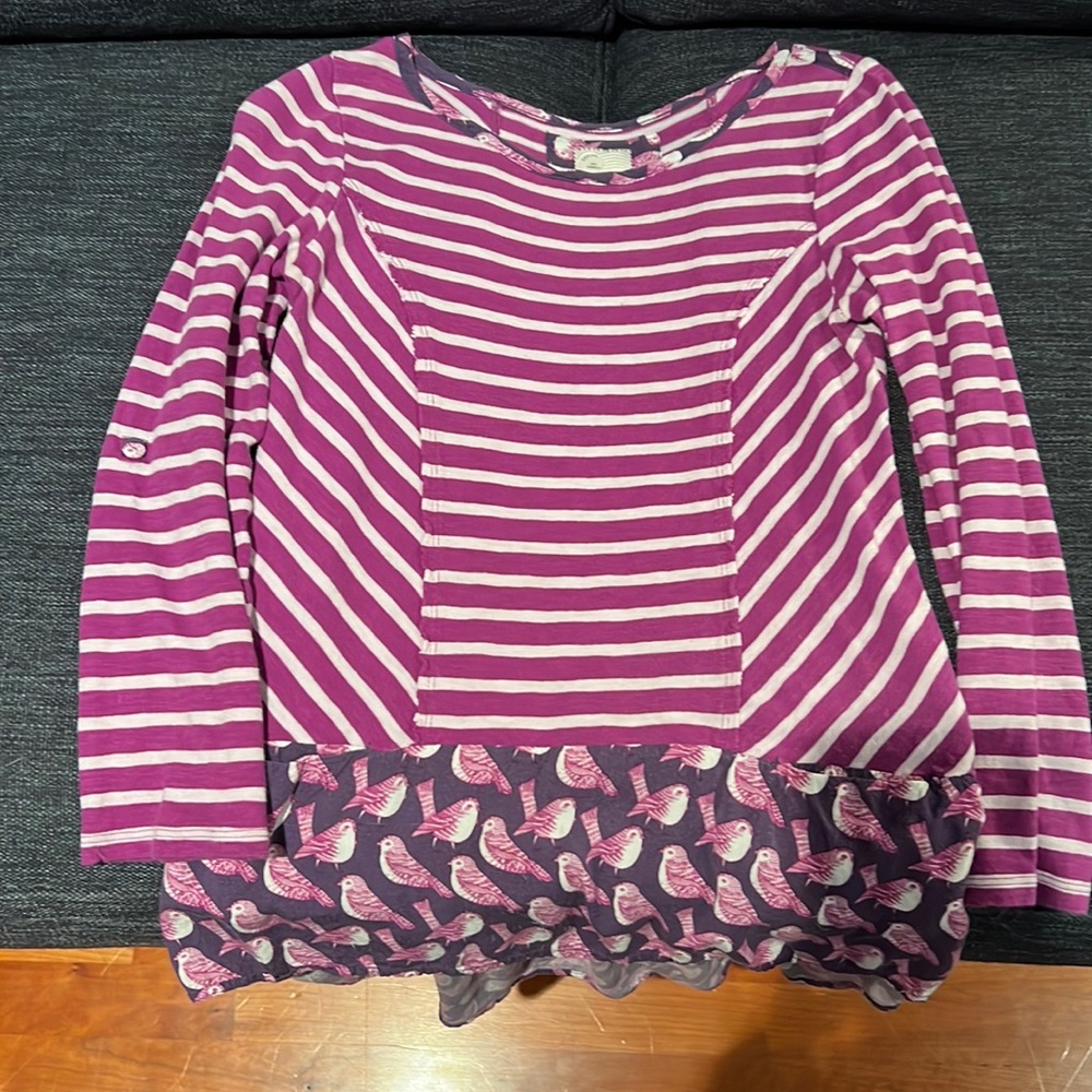 Anthropologie POSTMARK Purple Fairley Stripe Bird Print Long Sleeve Top